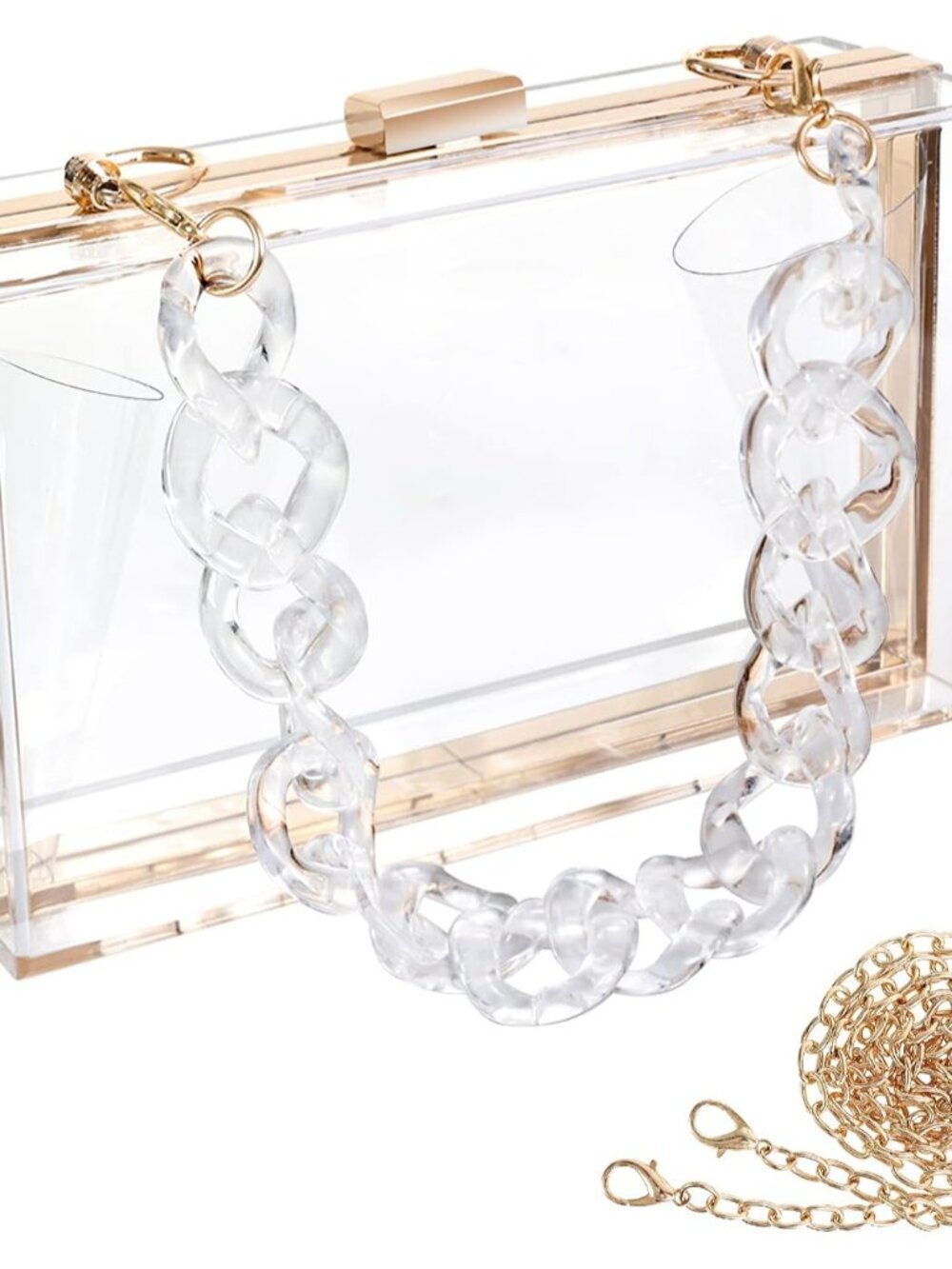 Clear Acrylic Crossbody Purse - Stadium Approved Box Clutch with Gold Chain, Sma - Picture 1 of 6